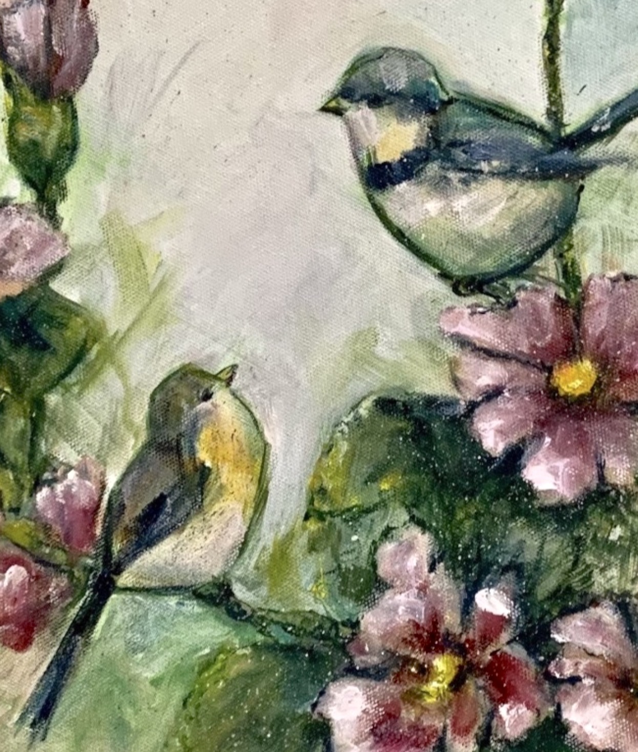 Detail of Spring. Birds painting by Marina Stognieva, birds, pink flowers and oil painting texture